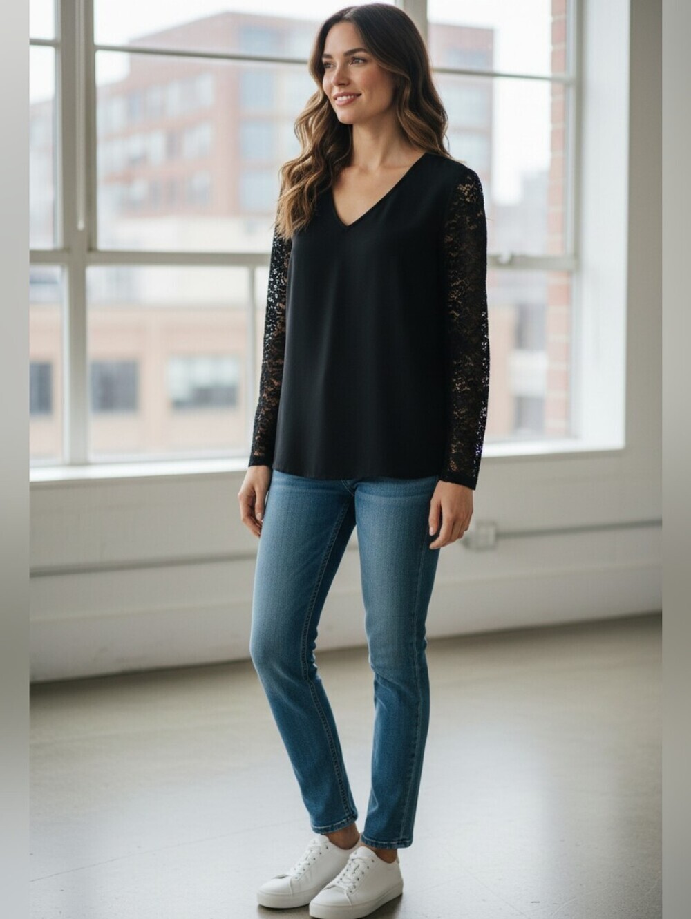 Sezane Elegant Black Blouse with Lace Detail